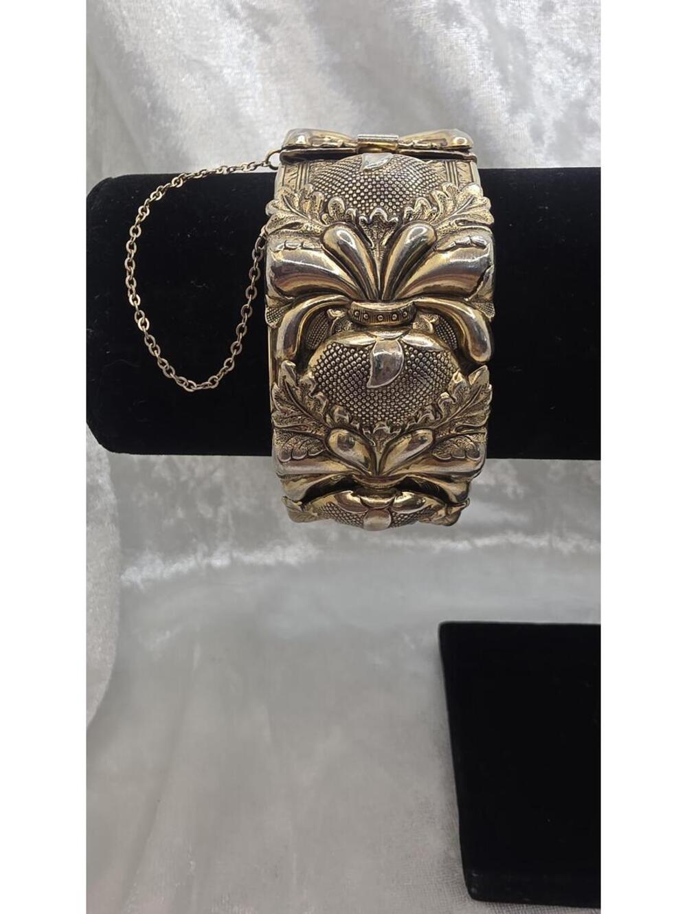 Vintage Victorian Revival Repousse Cuff Bracelet Gold Tone Art Nouveau Bracelet